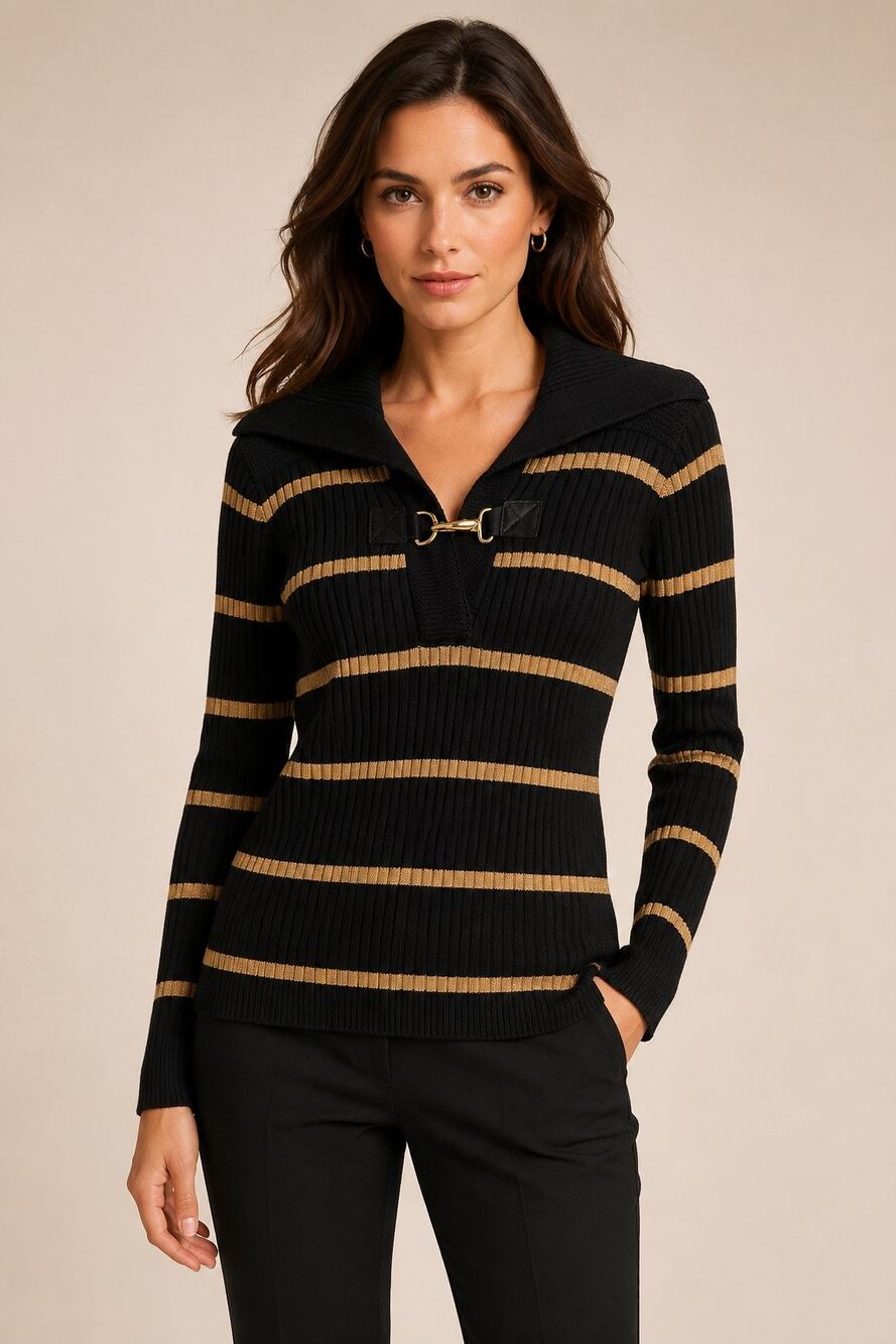 Lauren Ralph Lauren Black & Gold Striped Ribbed Sweater Horsebit Collar Medium